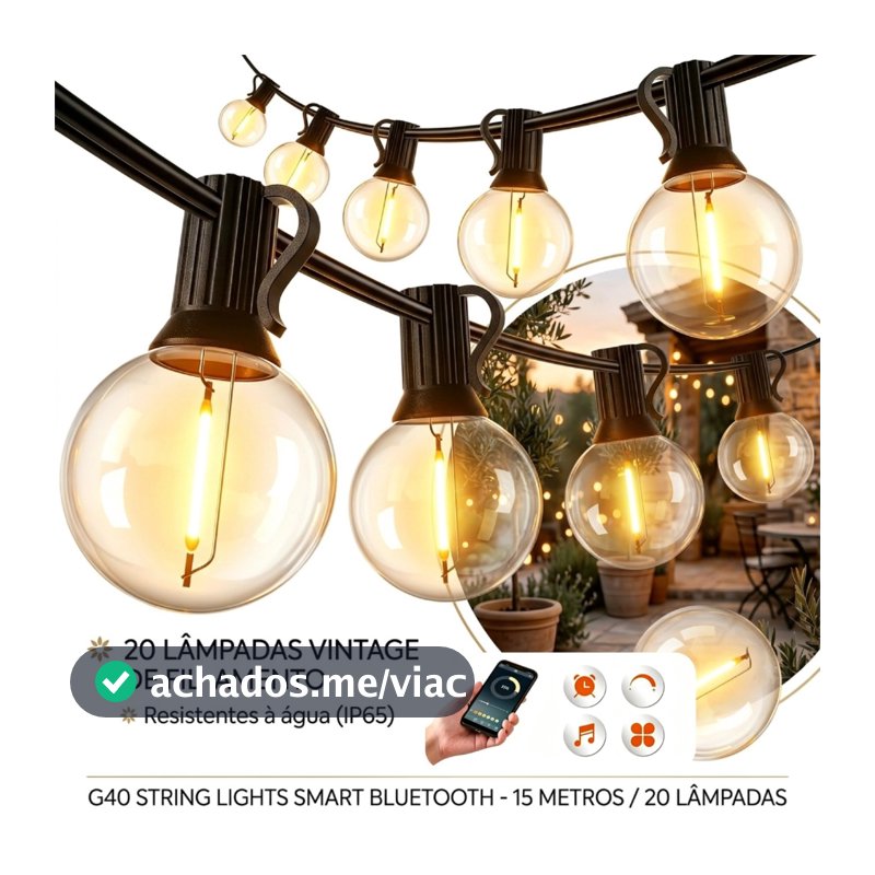 Varal De Luzes Led 15m/20m/30m Com Lâmpadas Controle Bluetooth G40 Decoração Jardins Terraços Bivolt