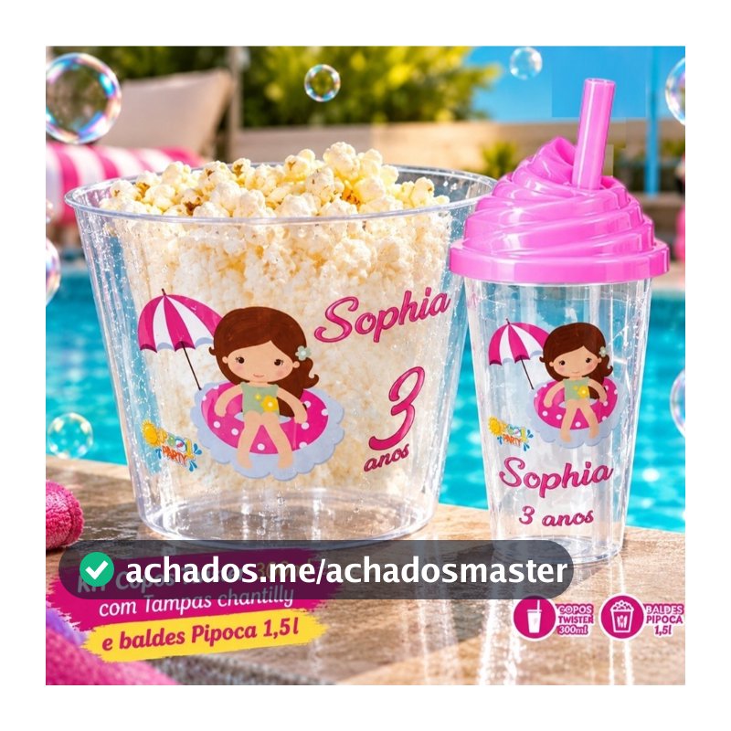 Copos e Baldes de Pipoca Personalizados Pool Party Lembrancinha Festa Infantil