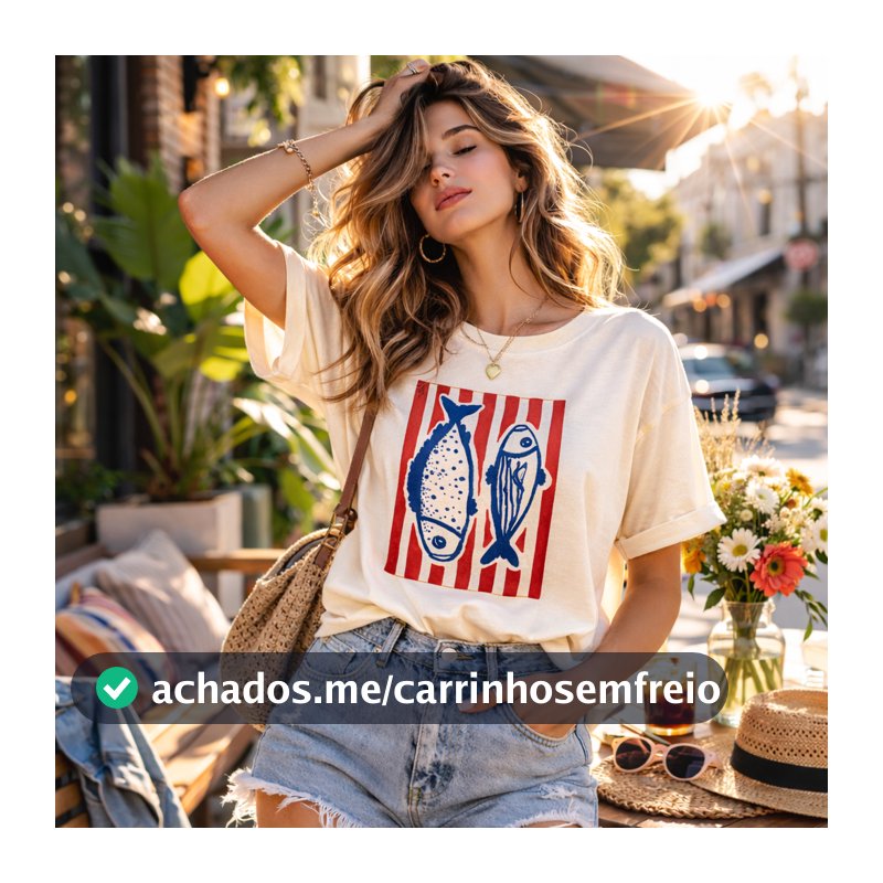 Blusa Roupa Feminina Camiseta Verão Casual Peixe Sardine Listras Gola Redonda Tendência Moda 2026