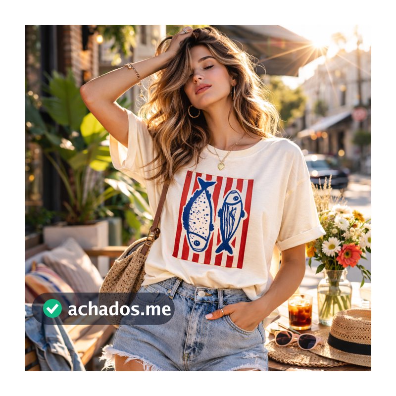 Blusa Roupa Feminina Camiseta Verão Casual Peixe Sardine Listras Gola Redonda Tendência Moda 2026