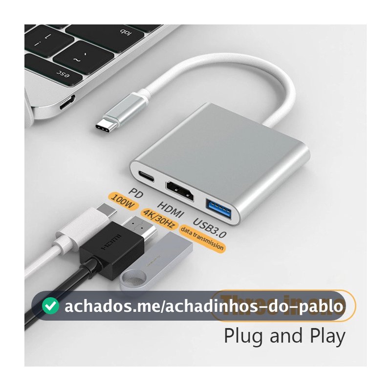 Adaptador USB Tipo C 3 em 1-HDMI+ USB3.0+ PD Para Macbook,Ipad Pro,Notebook e Celulares Compatíveis Hub