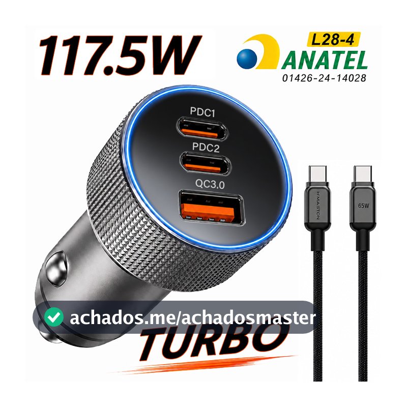 3 PORTES Carregador Celular Veicular Turbo 2 TIPO C +1 USB Carregamento Rápido Origina