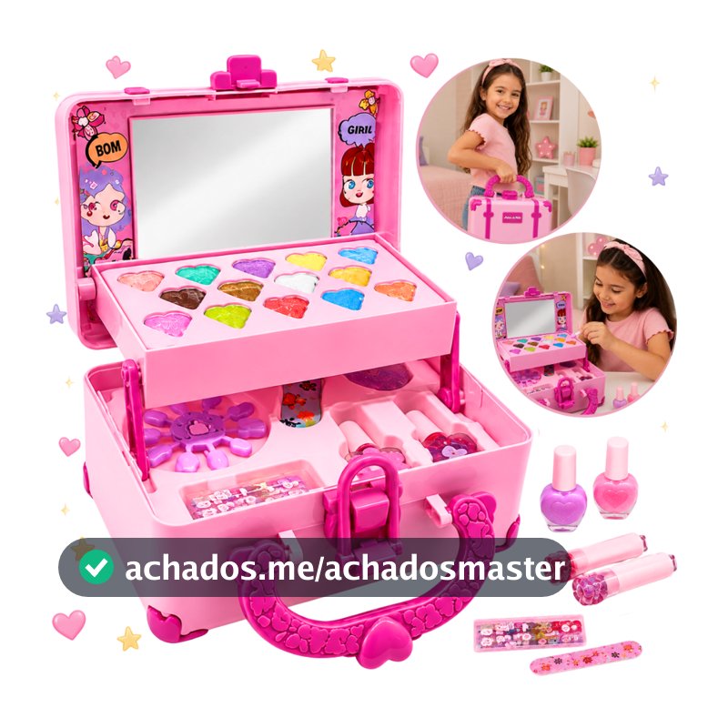 Maleta De Maquiagem Infantil Lavável Com Espelho Kit Completo 32 Peças Antialérgica Presente Menina