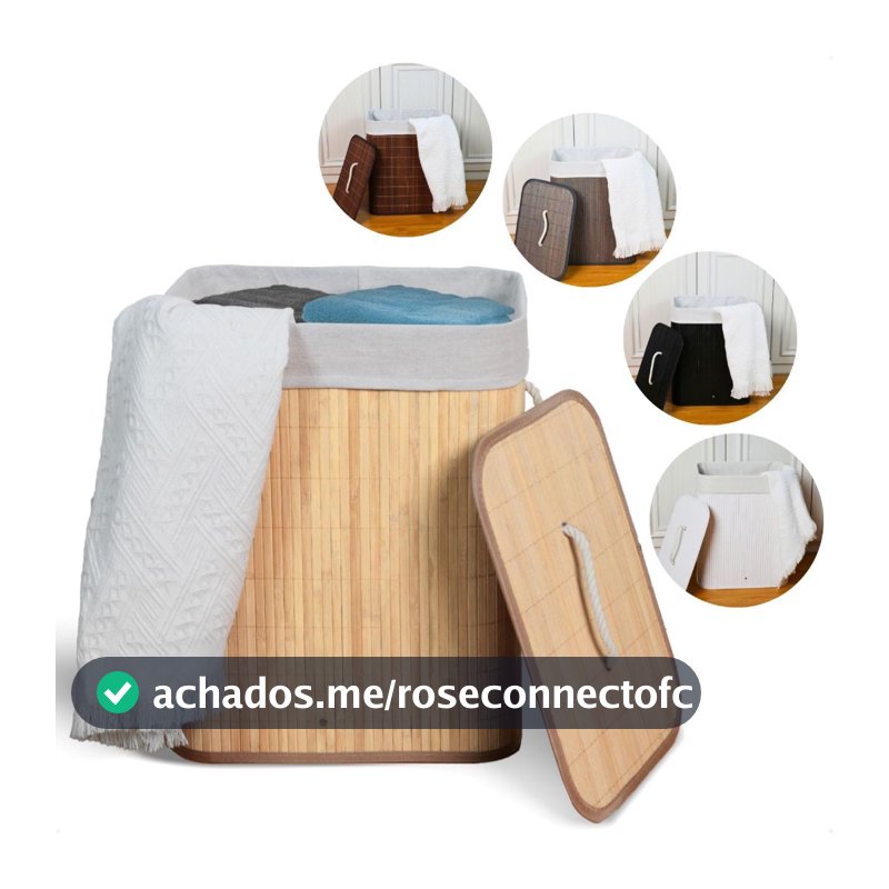 Cesto de Roupa Suja Bambu Com Tampa e Alças 50 Litros Grande Organizador Multiuso