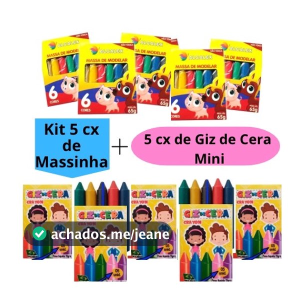 Kit 5 Massinha de Modelar + 5 caixinhas de Giz de Cera Mini Kit Festa Lembrancinha Alcalex