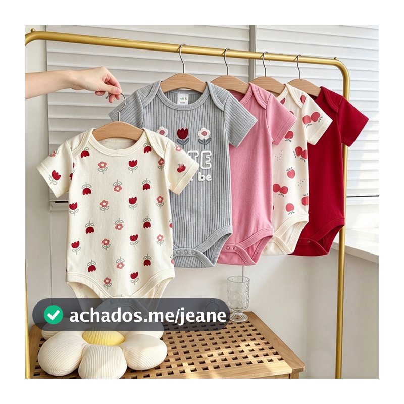 Conjunto de 5 peças de macacão para bebê algodão diversas cores disponíveis série de 3 flores pequenas