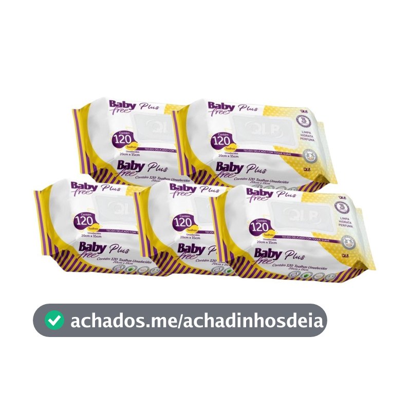 Kit 5 Lenços Umedecidos Baby Free Plus – 120 Unidades Cada | Toalhas Macias e Sem Álcool