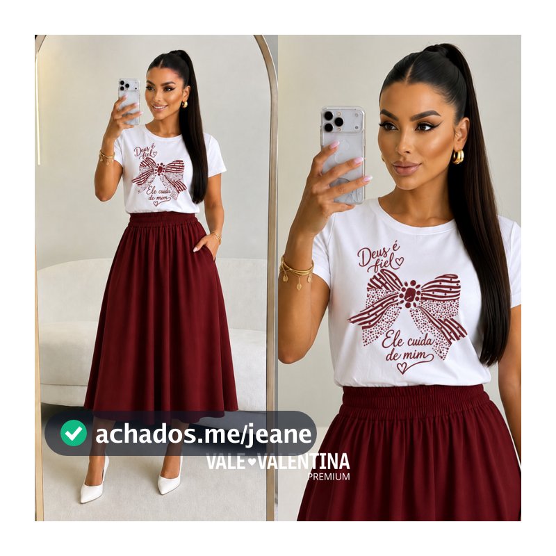 Conjunto Feminino Saia Midi zero transparência + Blusa Algodão Evangélico Elegante Roupa para Igreja Culto Dia a Dia