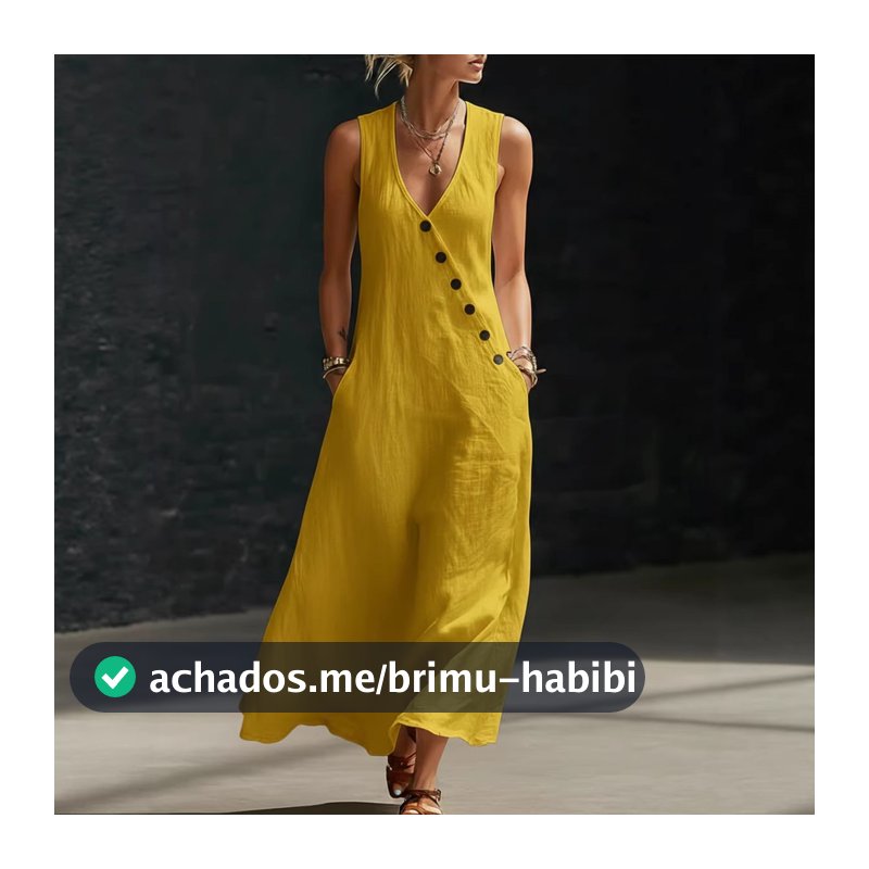 Vestido Feminino Casual De Algodão E Linho , Simples Sem Mangas De Verão Maxi Solto Com Decote Em V