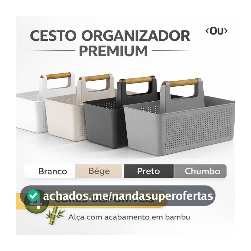 Cesto Organizador Multiuso 8L Flow Com Alça Bambu Lavanderia Limpeza Armário Cozinha Plástico