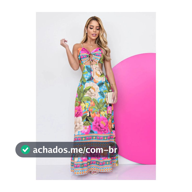 Vestido Longo feminino Decotado Costa Nua Estampa Verão Tropical