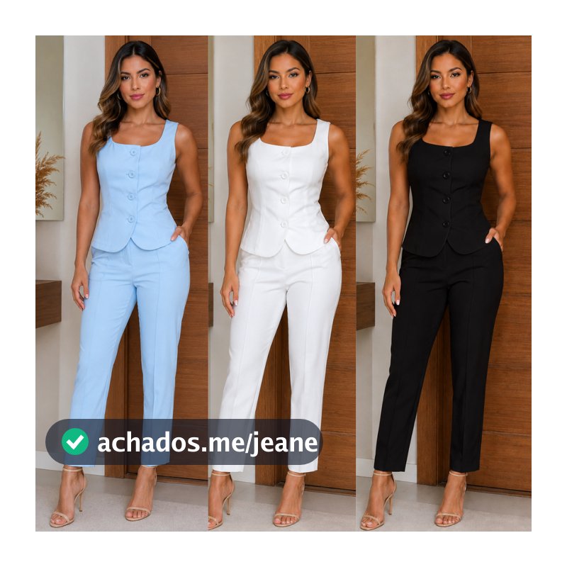 Conjunto Feminino Alfaiataria Social Do M ao G2 Elegante Colete Gola quadrada Calça Reta Botão e Zíper na Frente