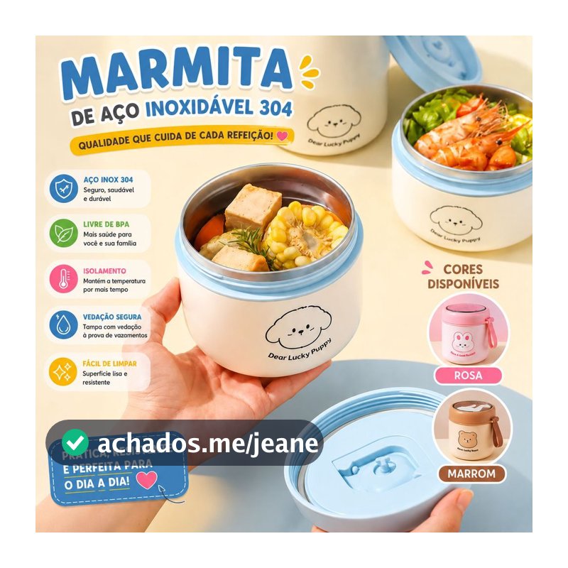 Marmita Térmica Infantil 530ml Aço Inox 304 Com Colher Tampa Vedada Azul Rosa Marrom Lancheira