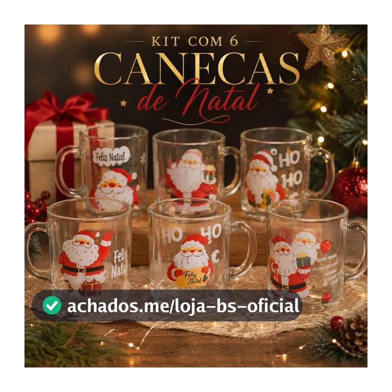 Kit 6 Canecas de Vidro Natalinas 250ml Estampadas Feliz Natal Presente de Natal Decoração Papai Noel