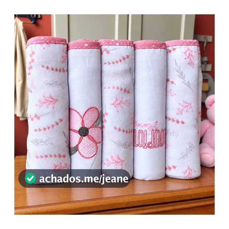 Fralda de Pano Bebê Bordada 100% Algodão | Tecido Duplo 70x68cm | Kit 5 Unidades Enxoval Menina