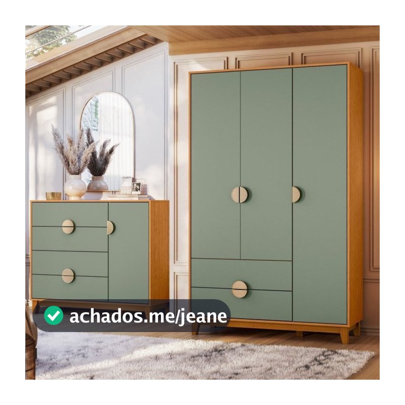 Conjunto de Quarto com Guarda-Roupa e Cômoda Ipê Marrom/Cinamomo/Sálvia