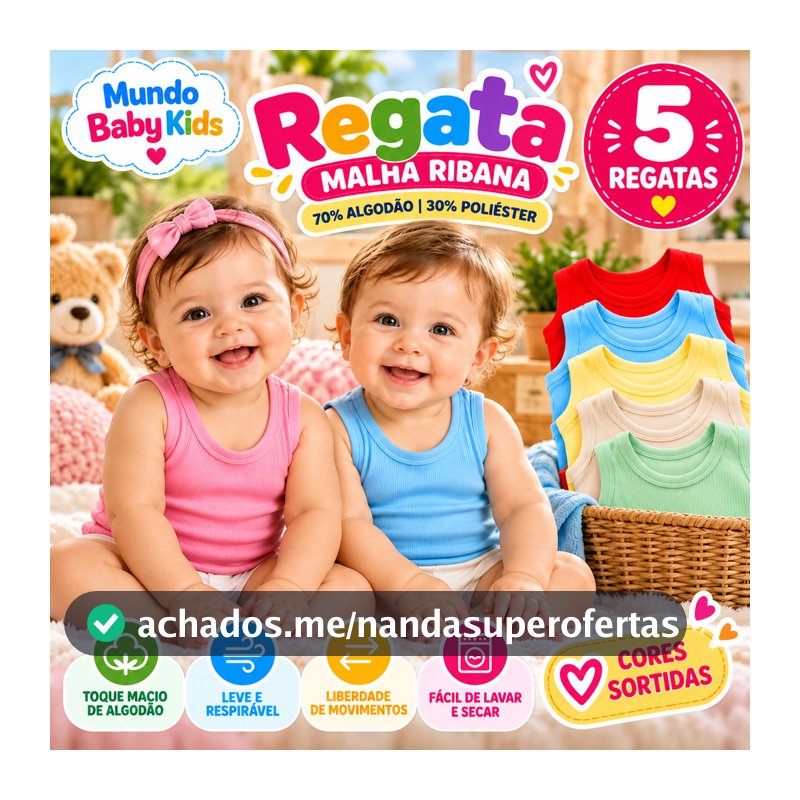 Kit 5 Regatas Bebê Menino Menina Malha Ribana Infantil Verão Calor Enxoval Cores Sortidas