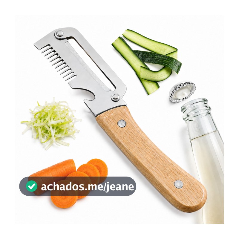 Descascador De Legumes 4 em 1 Cortador Julienne Aço Inox 304 Cabo Madeira Abridor de Garrafas