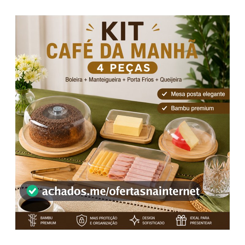 Kit Café da Manhã Boleira + Manteigueira + Porta Frios Bambu + Queijeira Em Bambu Tampa Acrílico Mesa Posta