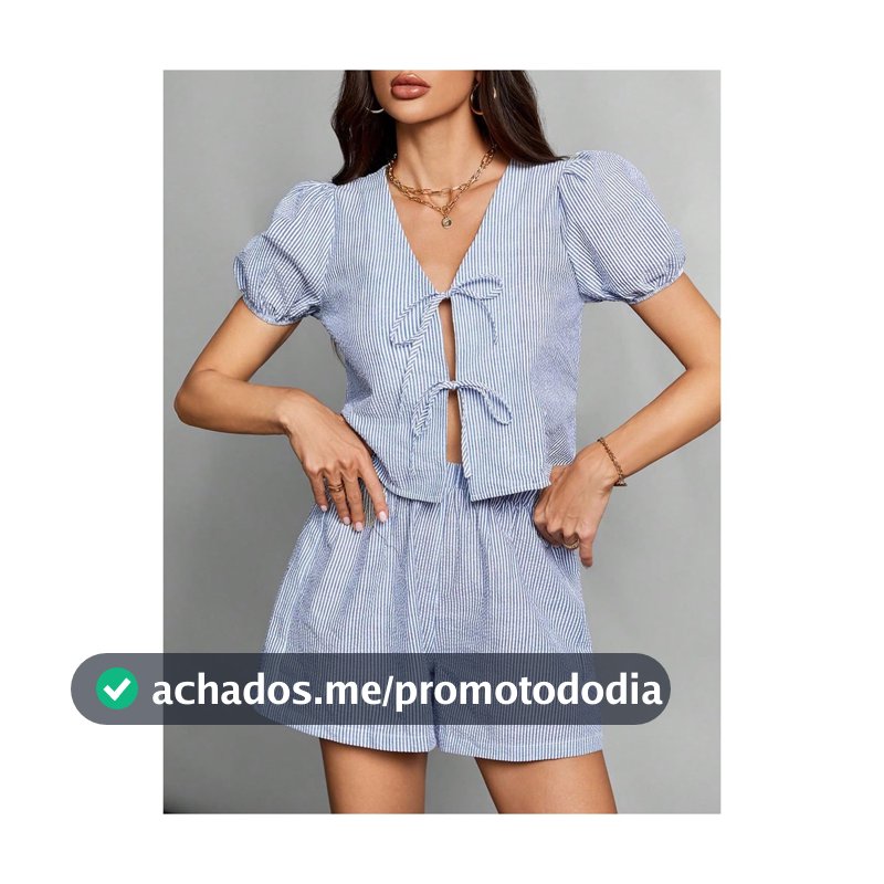 Conjunto Feminina Blusa Listrado De Shorts Casuais Com Nó De Gravata Frente - QUALY