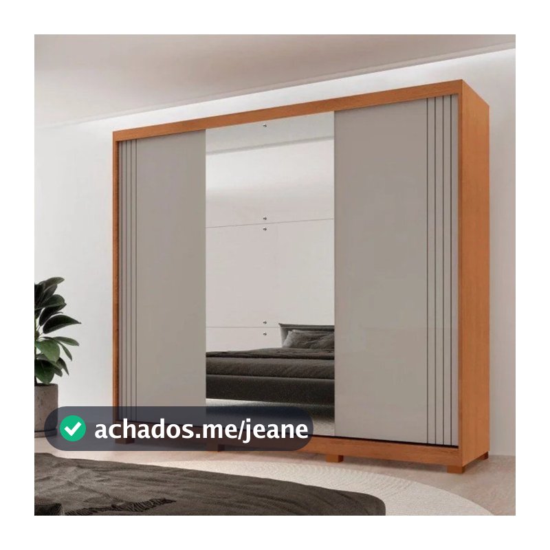 Guarda-Roupa Casal 100% MDF 3 Portas de Correr 2 Gavetas com Pés e Espelho Chile Off White/Marromle Naturalle/Off White