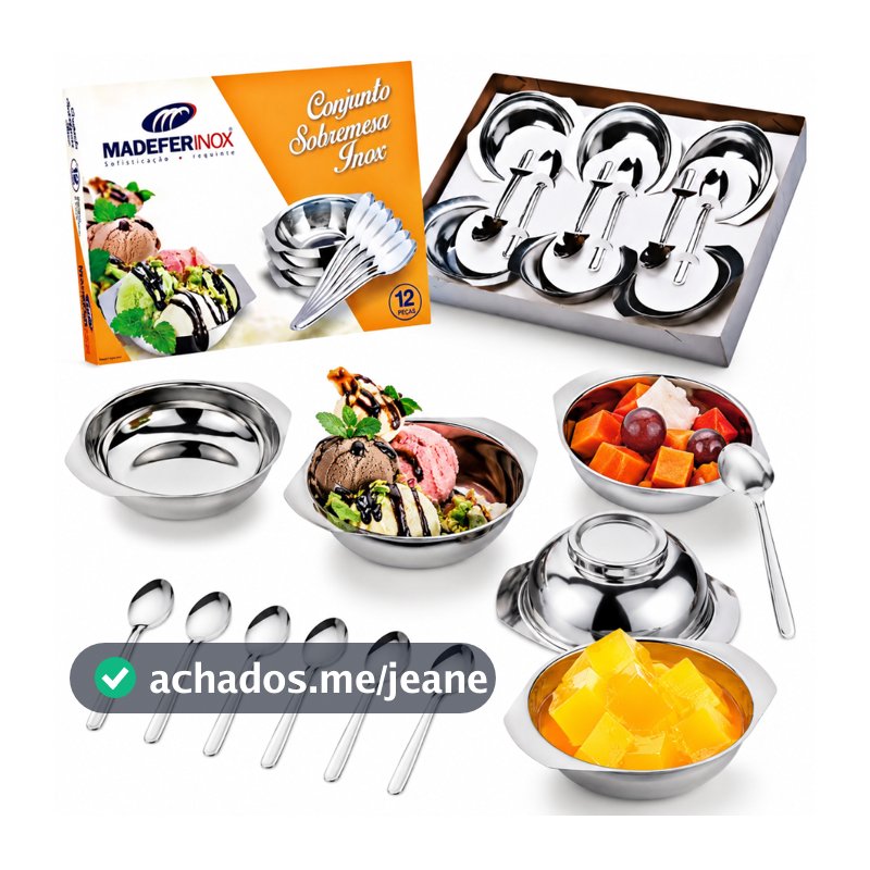 Conjunto Sobremesa 12 peças 6 taças 6 colheres aço inox Luxo Jogo Potes Tigelas e Colheres Madefer