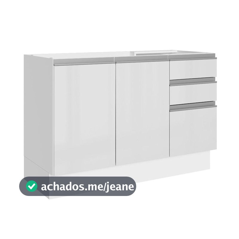 Balcão Gabinete de Pia Madesa Acordes 100% MDF 120 cm 3 Portas e 2 Gavetas - Portas Branco Brilho