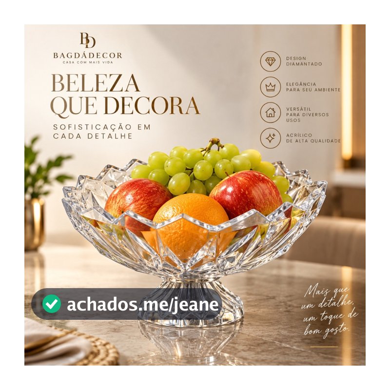 Fruteira de Acrílico Diamantada com Pedestal 25,5cm para Mesa Posta Cozinha e Decoração Sofisticada