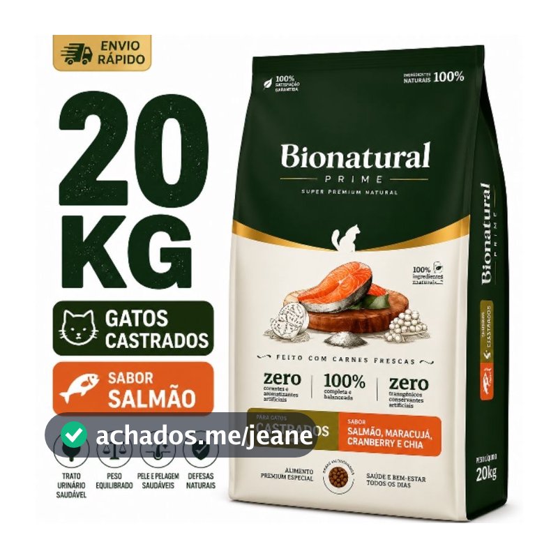 Ração Bionatural Para Gatos Castrados sabor Salmão 20 KG Ração Super Premium