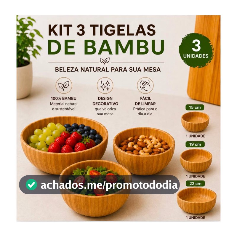 Kit 1 2 ou 3 Bowl Tigela Saladeira Fruteira Pote Canelado Redondo Bambu 15cm-500ml 18cm-1000ml 22cm-1500ml
