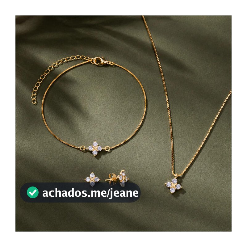 Kit Colar Brinco E Pulseira com 4 Zircônias Della Corti - Banhado A Ouro 18k