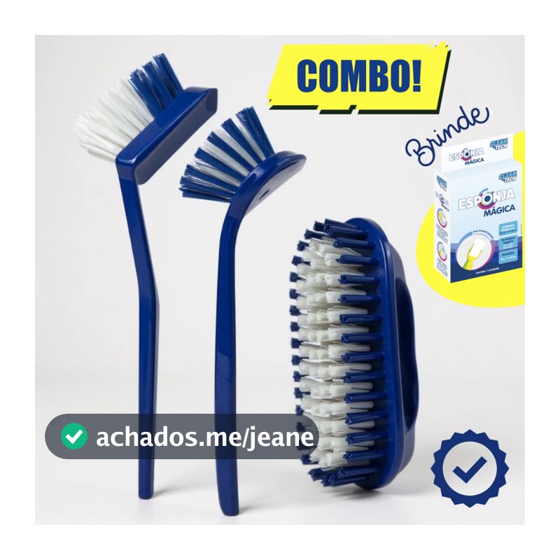 KIT Limpeza Escovas 3 unds Multiuso Tanque Faxina Pisos Banheiro Azulejos, Roupas + ESPONJA MÁGICA