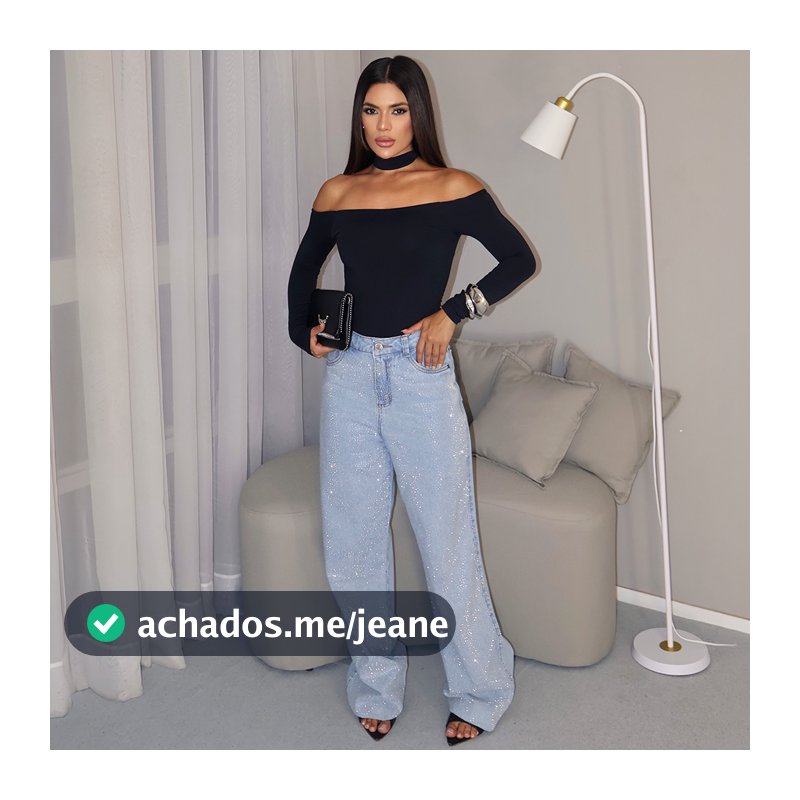 Calça Jeans Feminina Wide Leg com Brilho Premium Cintura Alta 100% algodão - Forma Padrão