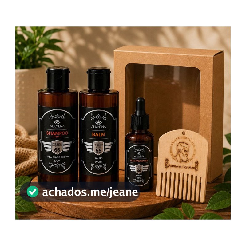 Kit Balm, Óleo para Barba, Shampoo 3x1 e Pente de Madeira para barba For Men - Alkmena M-02