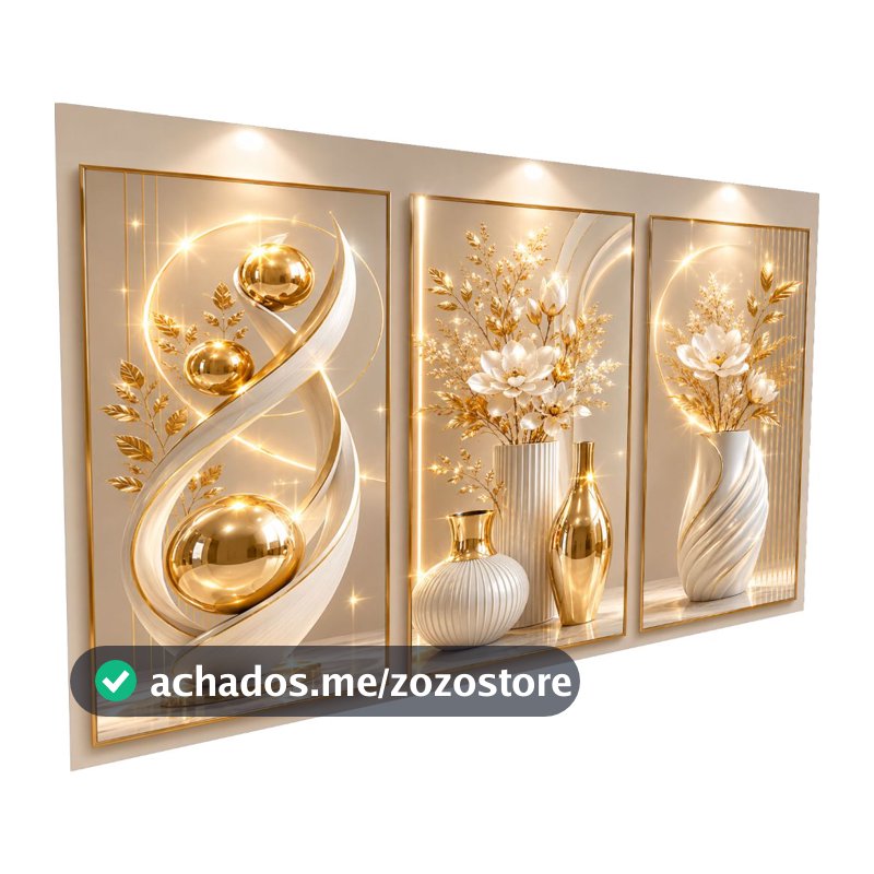 Kit De Quadros Brilhantes Vasos Elegantes Abstratos Geométricos Modernos Luxo Gold Hall (V.BRILHO)