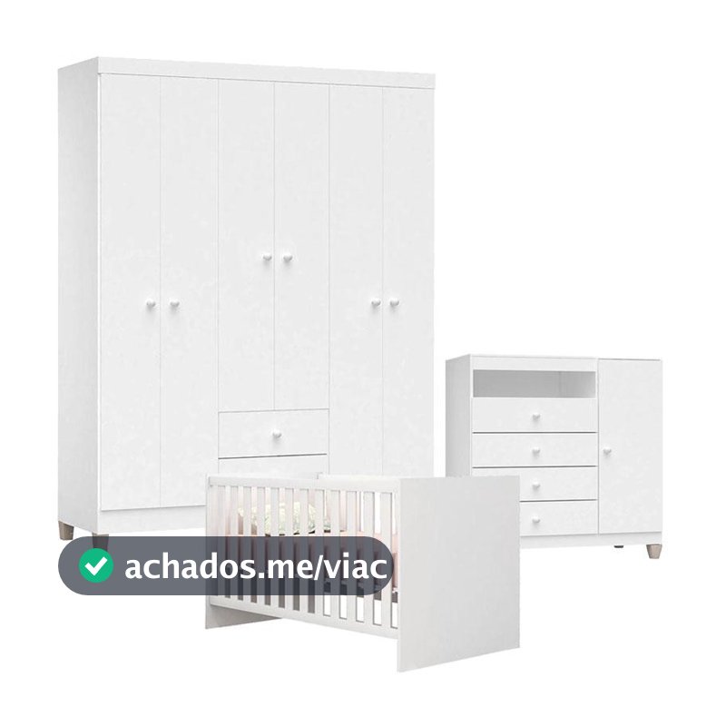 Quarto de Bebê 6 Portas Ternura Baby com Berço Americano Doce Sonho 100 Branco Brilho - Incorplac