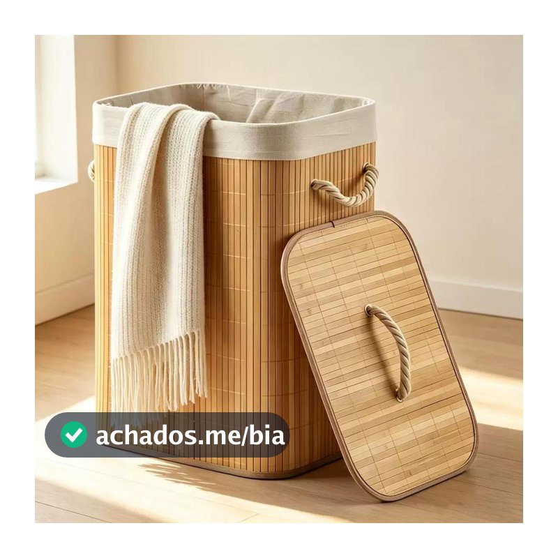 Cesto de Roupa Suja Bambu Retangular 72L Com Tampa Alças Forrado Organizador Banheiro Lavanderia Multiuso