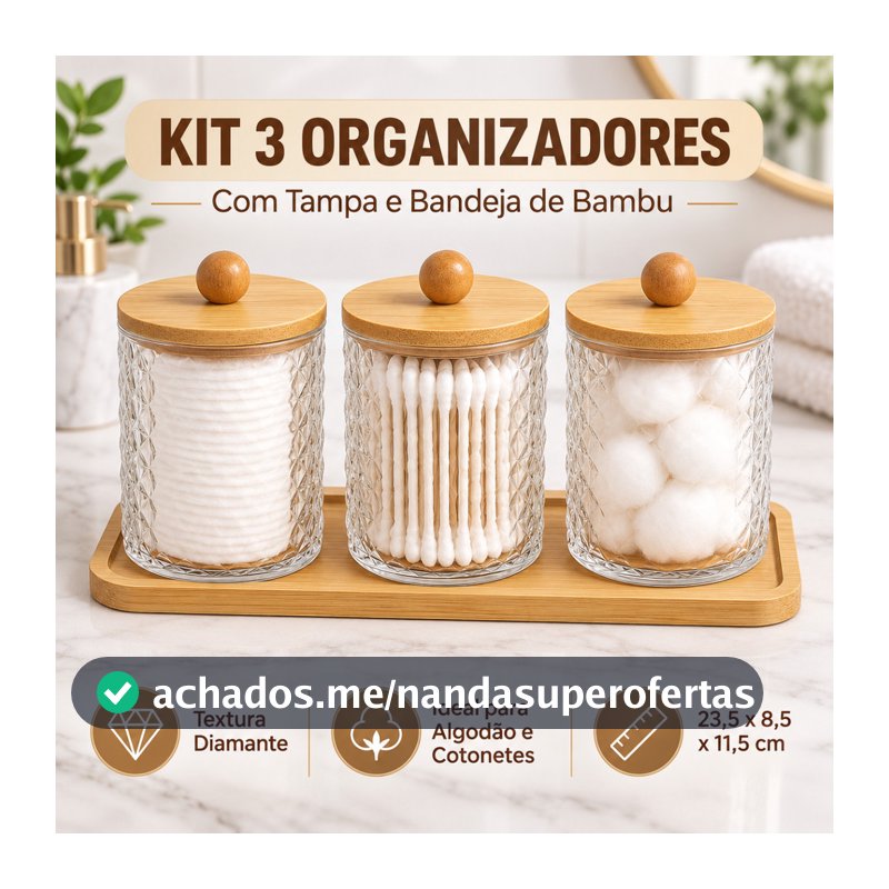 Kit Organizador Acrílico Multiuso 3 Potes Tampa e Bandeja De Bambu Lavabo Banheiro Algodão Cotonete Maquiagem Cosméticos