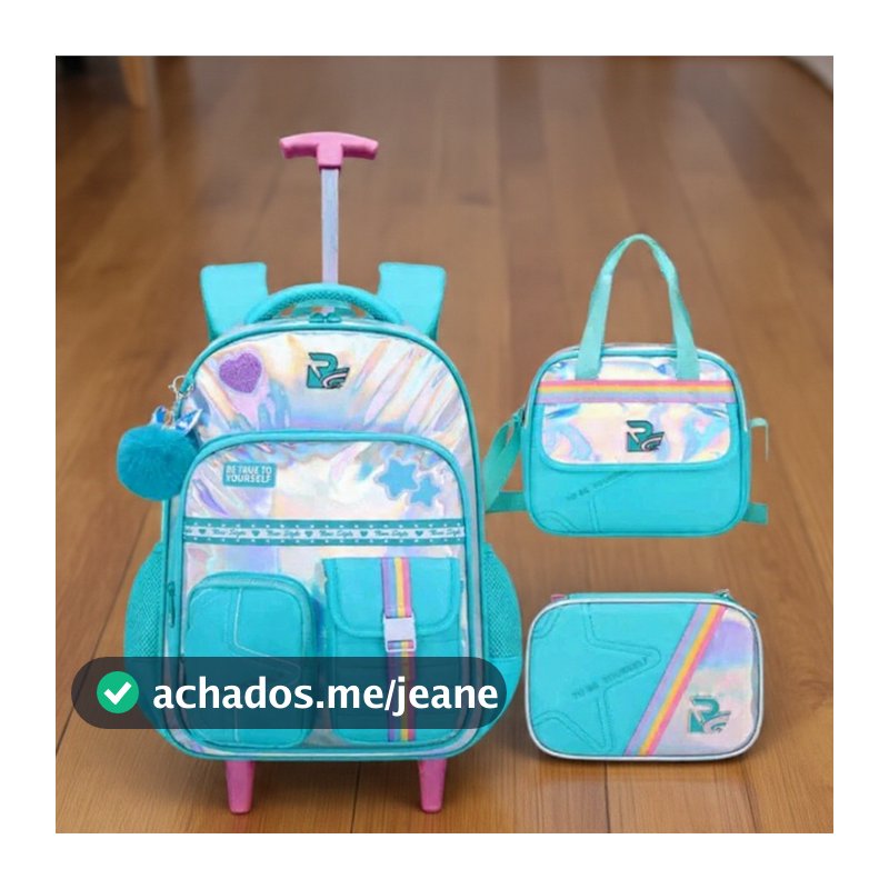 Mochila , Escolar com 3 peças Holografia Com Carinho , Possui Lancheira e Estojo
