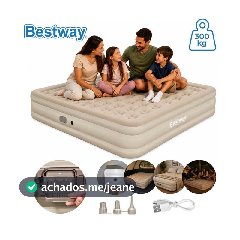 Colchão Inflável King Bomba Recarregável Elétrica Lítio USB + Lanterna 3 Níves Para Camping e Casa Bestway