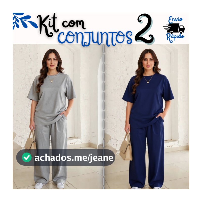 Kit com 2 Conjunto modelo blusa Over e calça pantalona feminina