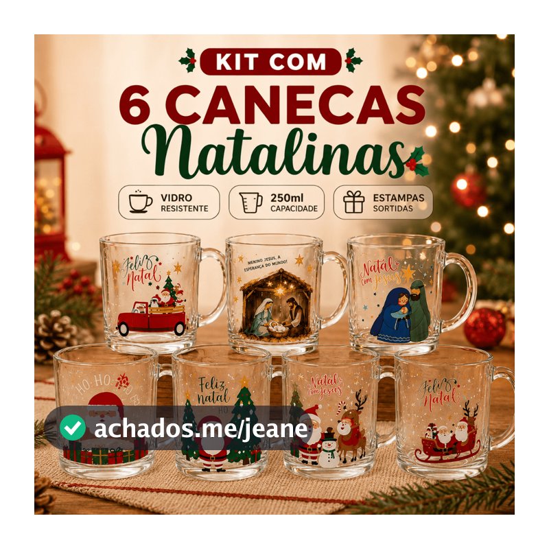 Kit 6 Canecas 320 ml Estampas de Natal Café Chá Decorativa Presente
