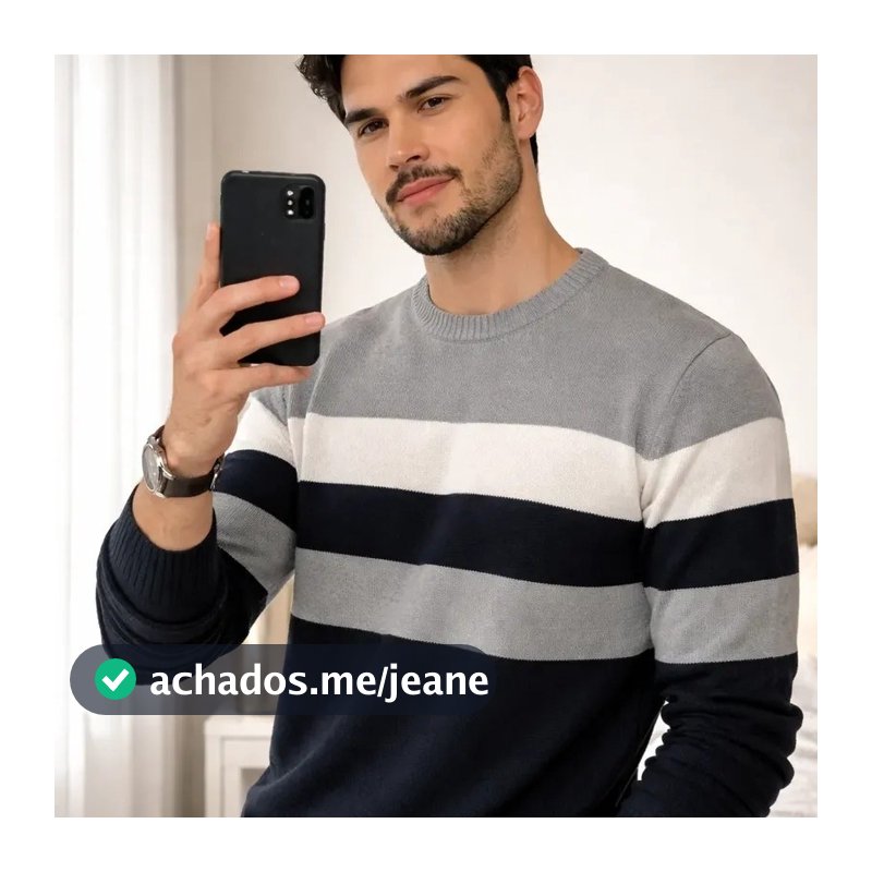 Blusa Masculina Manga Longa Gola Redonda Suéter Tricot Listrado Inverno Casual Quente