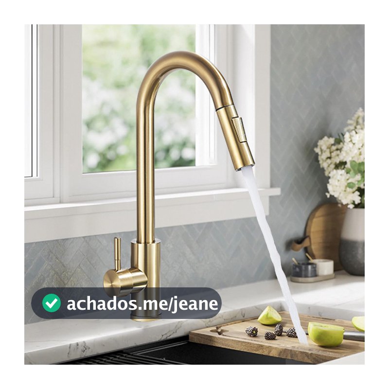 Torneira Cozinha Bancada Gourmet Extensível Misturador Inox Cor Ouro escovado Flexível Misturador