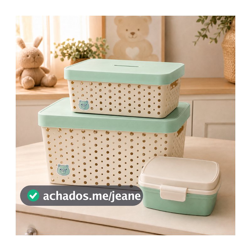 Kit 2 Caixas Cestos Organizador Quarto Bebê Infantil Trama Rattan ZukBaby Verde Com Brinde Farmacinha