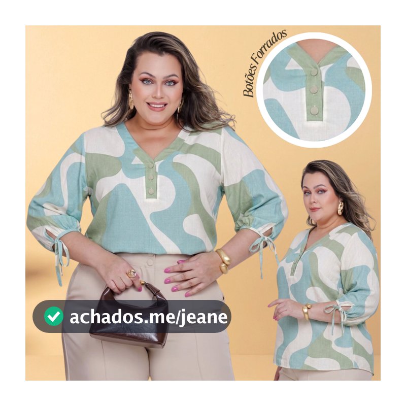 Camisa Feminina Plus Size Viscolinho Manga 3/4 com Amarração Botões Forrados Elegante Casual