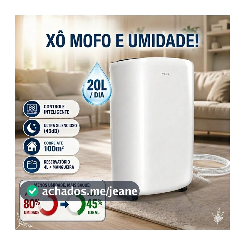 Desumidificador de Ar Elétrico Compressor 20L/Dia Silencioso 4L Painel Digital Inteligente para Casa e Quarto Yesop