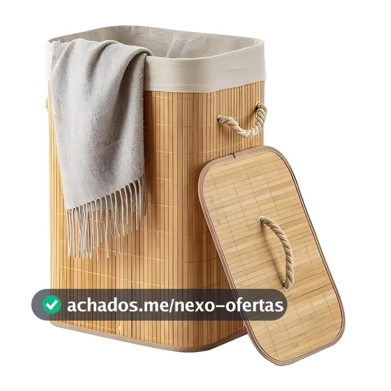 Cesto De Roupa Suja Bambu 72L Dobravel Organizador Forrado Banheiro 60cm Grande Cesto Retangular