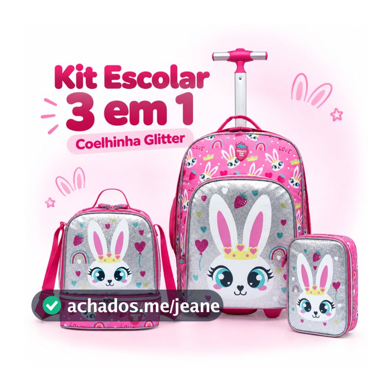 Kit Mochila de Rodinhas Infantil Menina Lancheira Térmica Estojo Reforçada Haste Retrátil