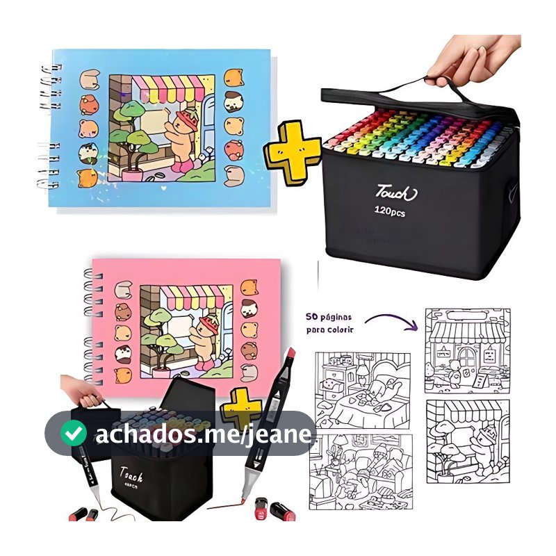 Kit Livro De Colorir Capa Dura 50 Páginas + 24/36/60/80/100/120 Cores Caneta Marcadora Ponta Dupla